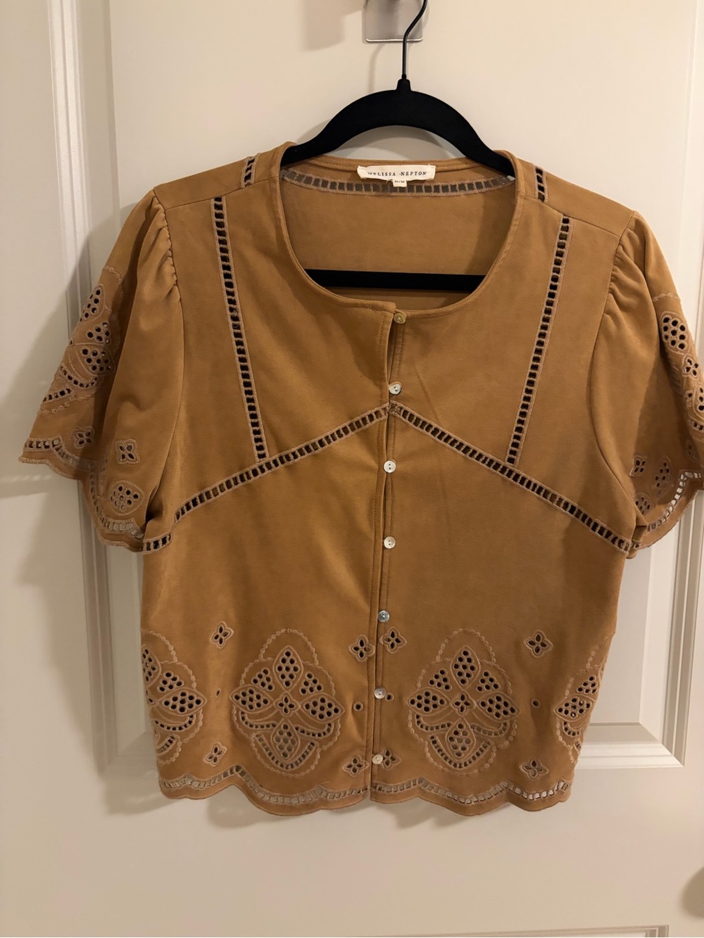 Evereve Camel Eyelet Velvet Button-Up Blouse